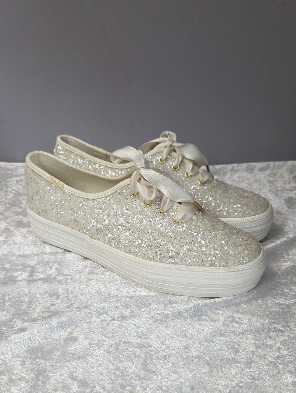Glitter  Sneakers with Satin Ribbon Laces - Ivory